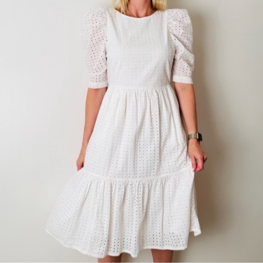 A NEW DAY Eyelet Tiered Ruffled Midi Dress Puff Sleeve Sz S Soft White Cotton